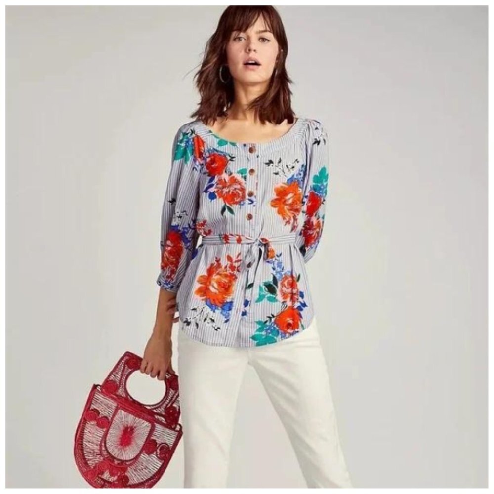 Anthropologie Maeve Lillorne Striped Floral Button Blouse with Waist Tie Size 4
